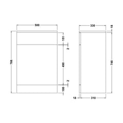 [BFOR142] WC Unit   - 500mm - Gloss White - Technical Drawing