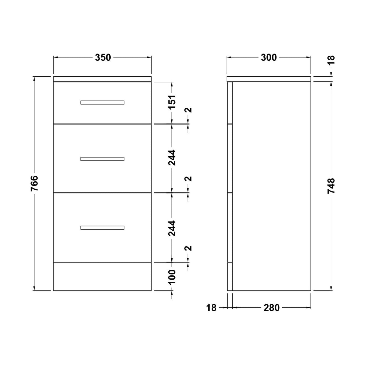 [BFOR1435] Hamstall Modern Bathroom Floor Standing 3 Drawer Unit – 350 x 300mm, Dark Grey - Technical Drawing