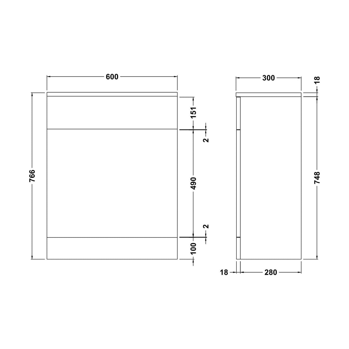 [BFOR143] Hamstall WC Unit, Gloss White, Choice of Size - Technical Drawing