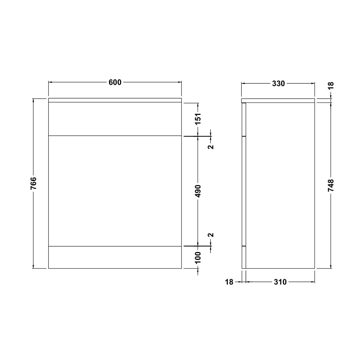 [BFOR144] WC Unit   - 600mm - Gloss White - Technical Drawing