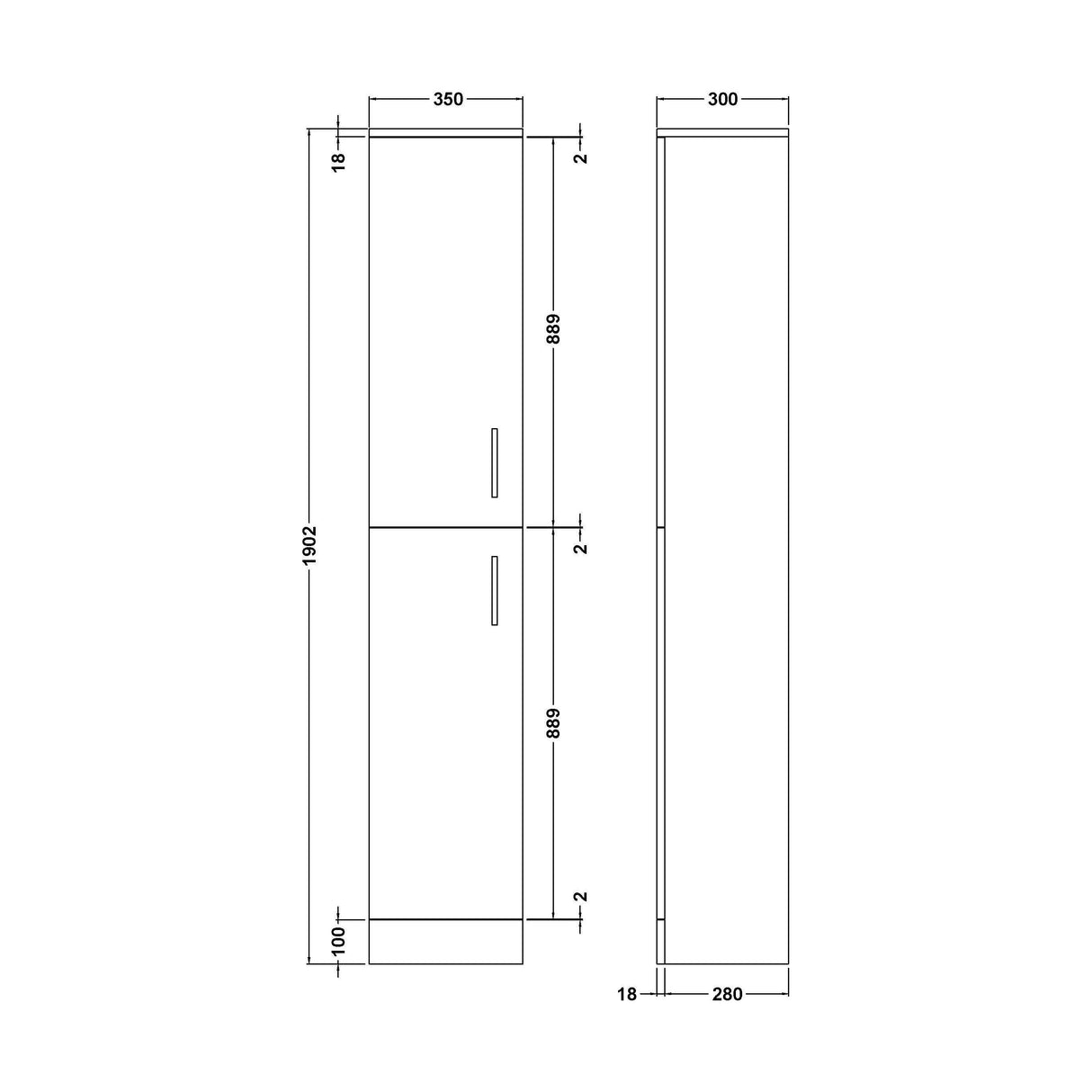 [BFOR1461] Hamstall Modern Bathroom Tall 2-Door Storage Unit – 350 x 300mm, Dark Grey - Technical Drawing