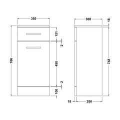 [BFOR153] Slimline Floor Standing Laundry Basket - 350mm - Gloss White - Technical Drawing