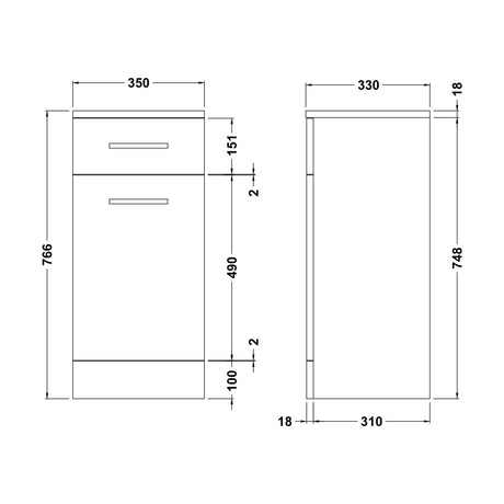 [BFOR154] Floor Standing Bathroom Laundry Basket - 350mm - Gloss White - Technical Drawing