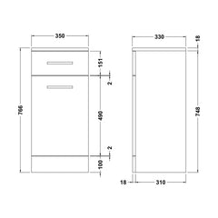 [BFOR154] Hamstall Floor Standing Bathroom Laundry Basket, 350mm, Gloss White, Choice of Size - Technical Drawing