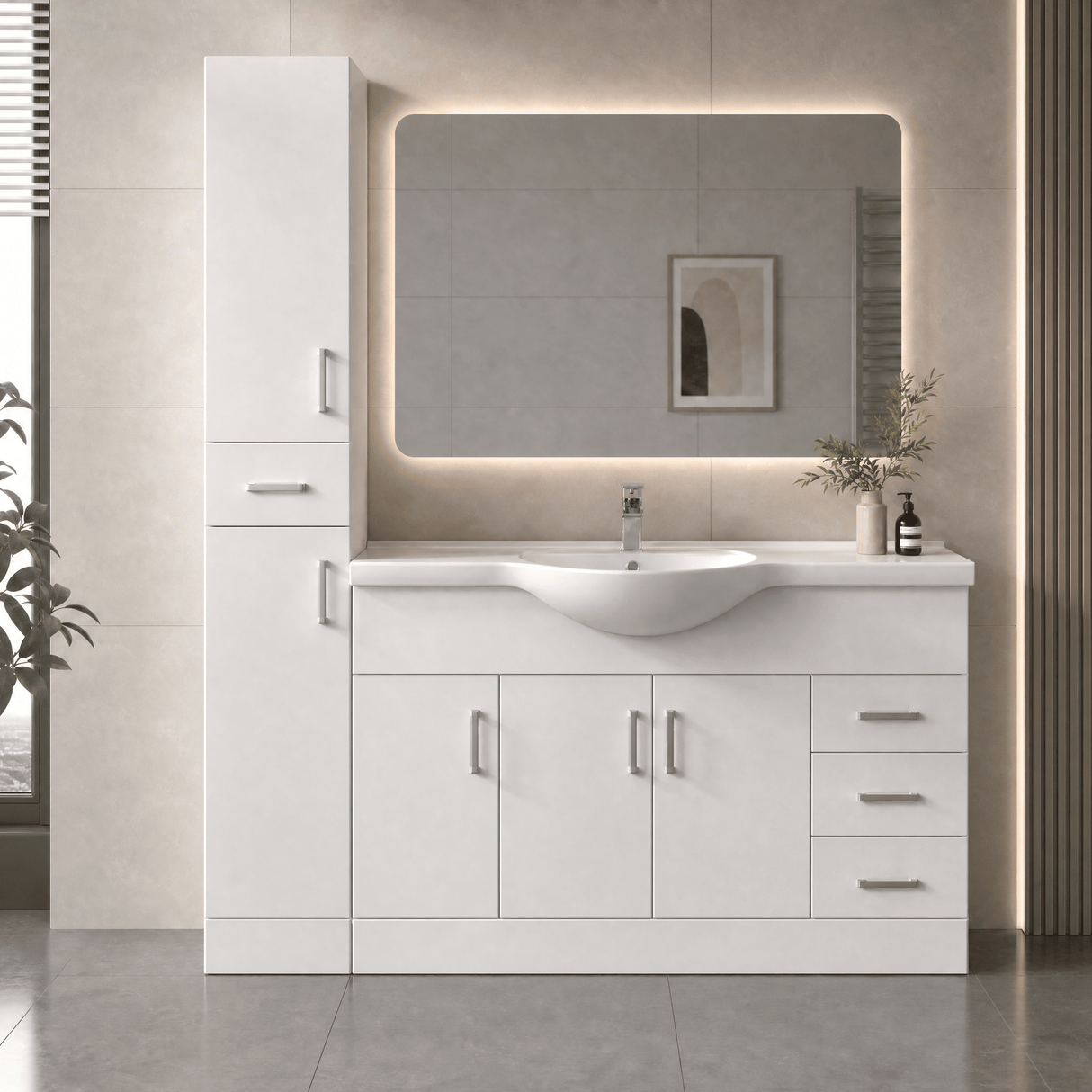 [BFOR163] Slimline Floor Standing Bathroom Tall Unit - 350mm - Gloss White - Lifestyle 1