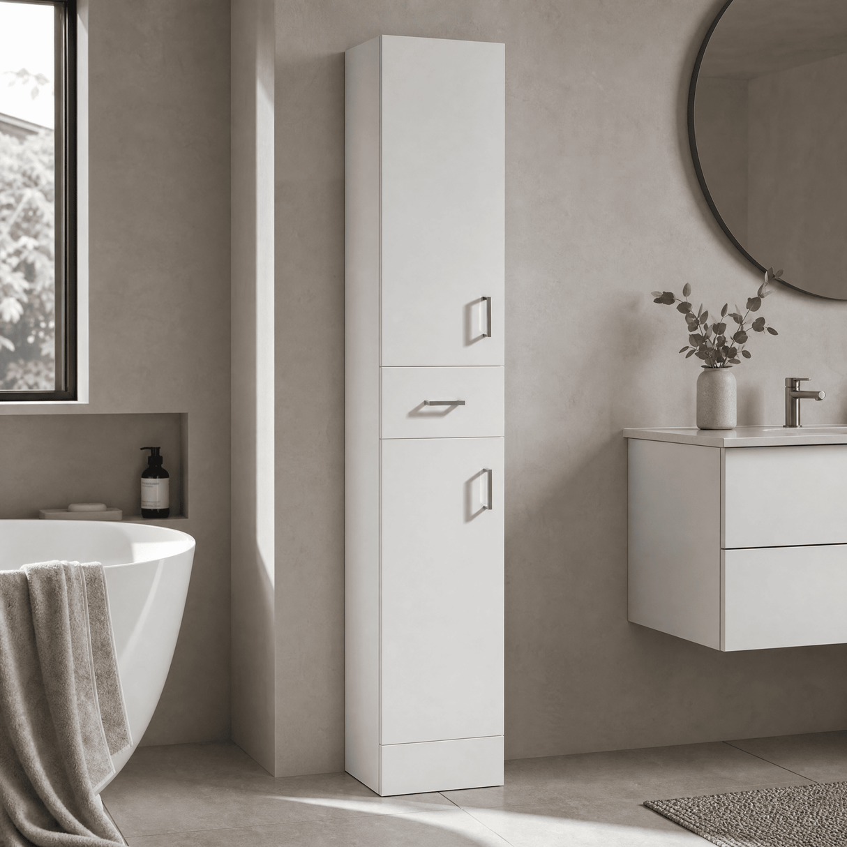 [BFOR163] Slimline Floor Standing Bathroom Tall Unit - 350mm - Gloss White - Lifestyle 2