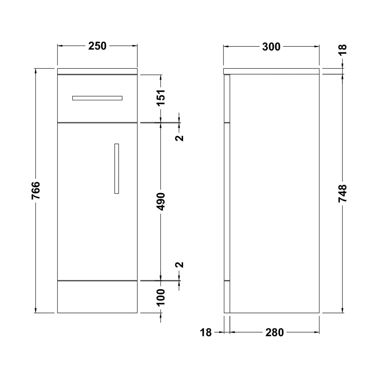[BFOR171] Slimline Floor Standing Bathroom Cupboard - 250mm - Gloss White - Technical Drawing