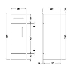 [BFOR171] Slimline Floor Standing Bathroom Cupboard - 250mm - Gloss White - Technical Drawing