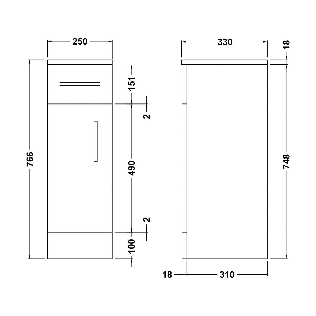 [BFOR172] Hamstall Floor Standing Bathroom Cupboard, 250mm, Gloss White, Choice of Size - Technical Drawing