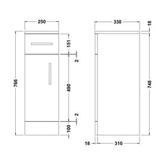 [BFOR172] Hamstall Floor Standing Bathroom Cupboard, 250mm, Gloss White, Choice of Size - Technical Drawing