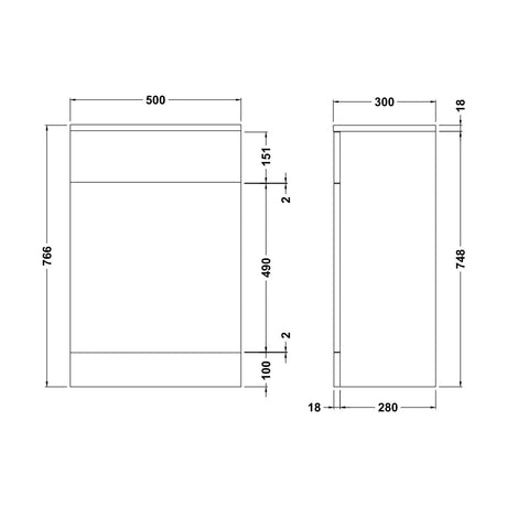 [BFOR941] Orbit Floor Standing WC Unit (Concealed Cistern & Toilet Pan Not Included) - 500mm - Gloss Grey - Balterley - Technical Drawing