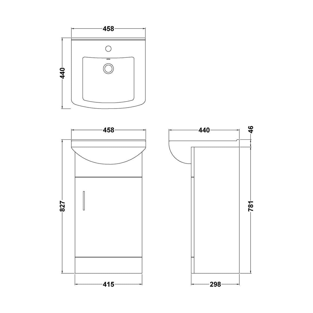 [BFORM450] 1 Door Vanity Basin Unit with Square Basin - 450mm - Gloss White - Technical Drawing