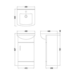 [BFORM450] 1 Door Vanity Basin Unit with Square Basin - 450mm - Gloss White - Technical Drawing