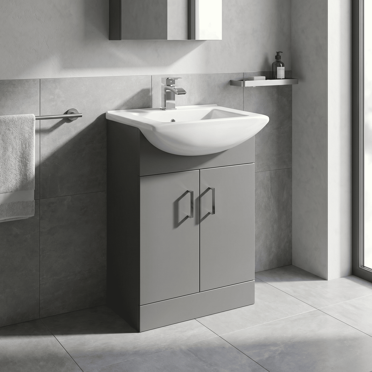 [BFORM550SB] Modern Floor Standing Bathroom 2 Door Vanity and Rectangular Basin Unit - 550mm, Satin Dark Grey, Soft Close Doors - Lifestyle 1