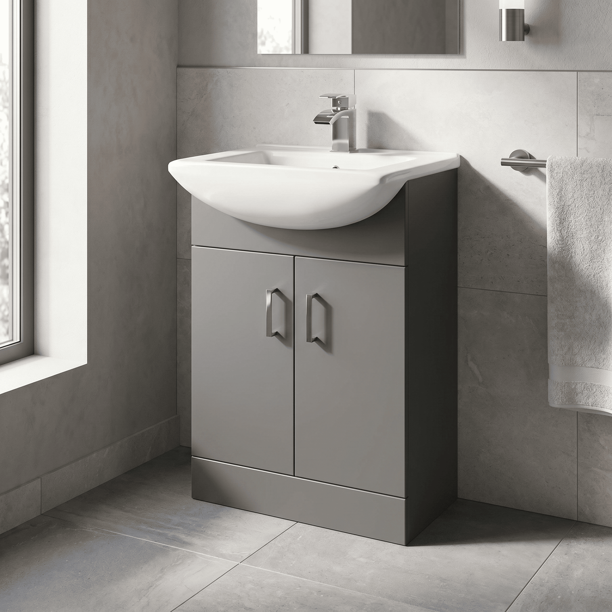 [BFORM550SB] Modern Floor Standing Bathroom 2 Door Vanity and Rectangular Basin Unit - 550mm, Satin Dark Grey, Soft Close Doors - Lifestyle 2