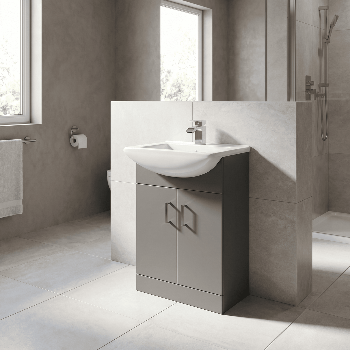 [BFORM550SB] Modern Floor Standing Bathroom 2 Door Vanity and Rectangular Basin Unit - 550mm, Satin Dark Grey, Soft Close Doors - Lifestyle 3