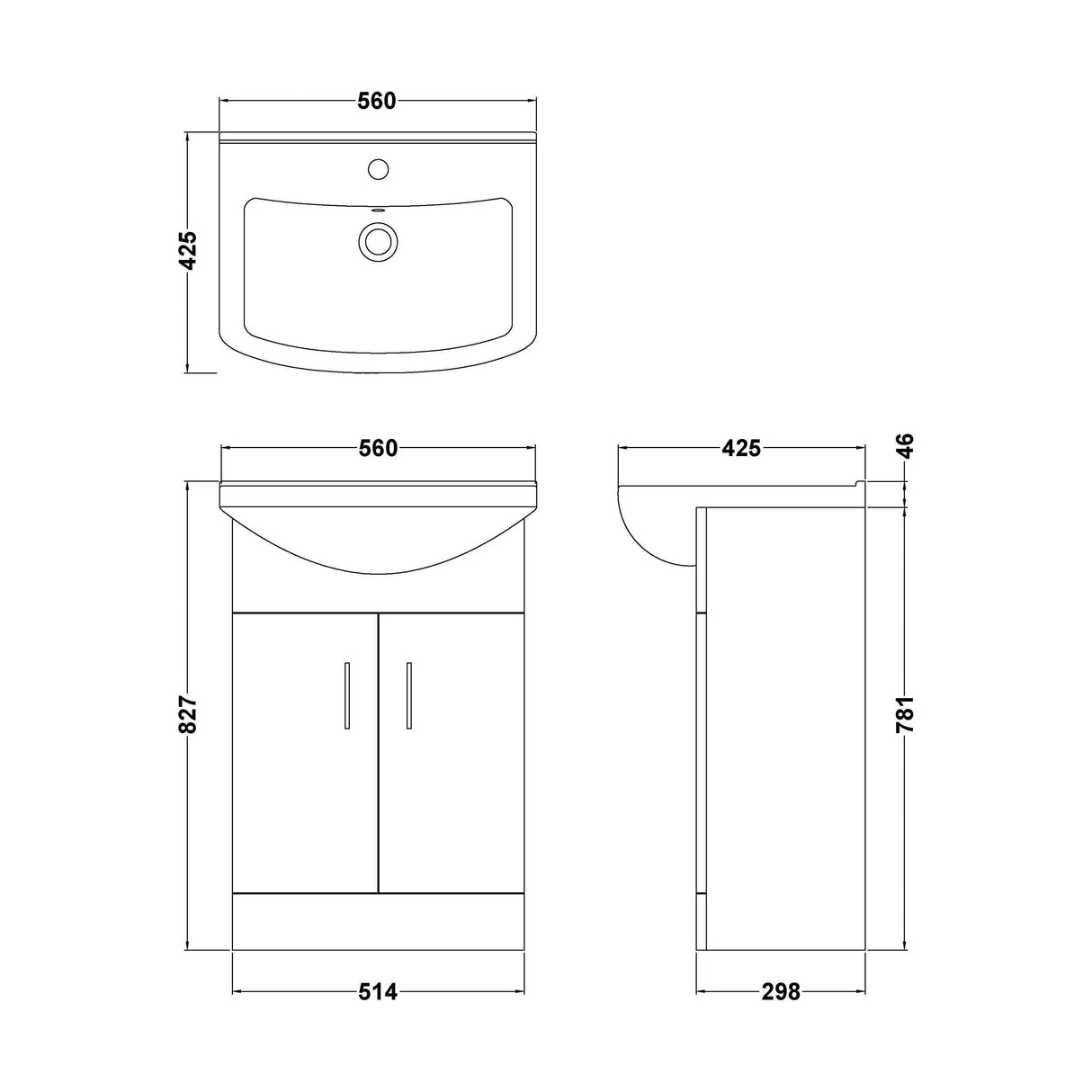 [BFORM550] Hamstall Contemporary Floor Standing Vanity Basin Unit with Square Basin, Gloss White, Choice of Size - Technical Drawing