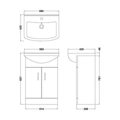 [BFORM550] Hamstall Contemporary Floor Standing Vanity Basin Unit with Square Basin, Gloss White, Choice of Size - Technical Drawing