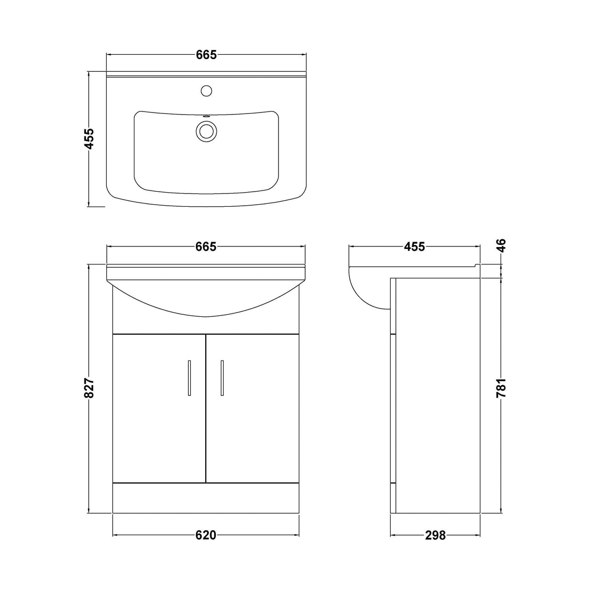 [BFORM650] Hamstall Contemporary Floor Standing Vanity Basin Unit with Square Basin, Gloss White, Choice of Size - Technical Drawing