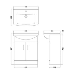 [BFORM650] Hamstall Contemporary Floor Standing Vanity Basin Unit with Square Basin, Gloss White, Choice of Size - Technical Drawing