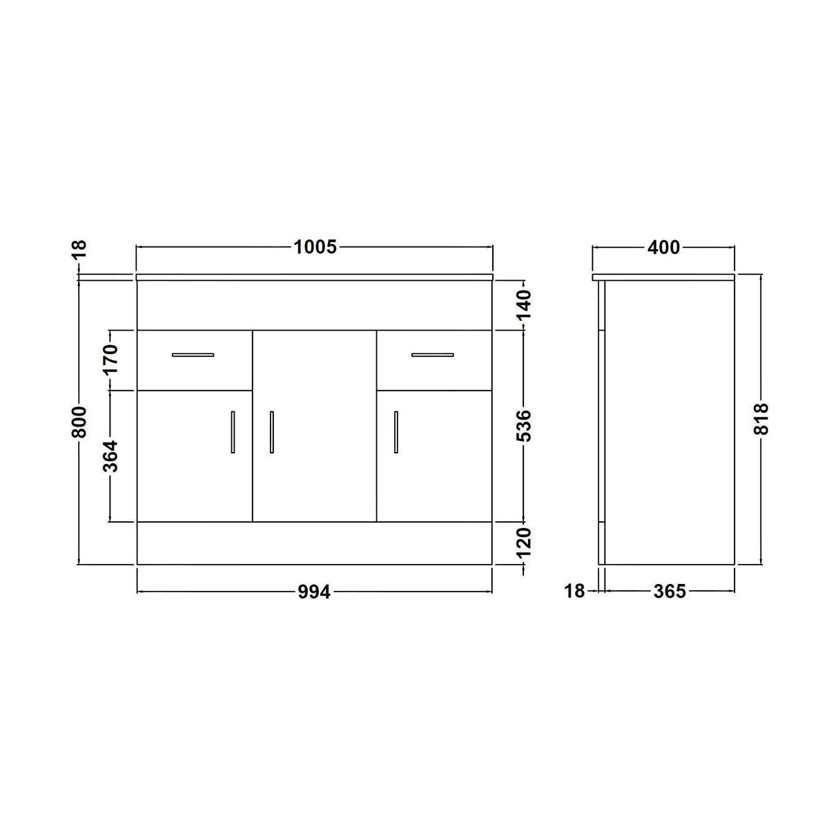 [BFORW1000M] Charnes Contemporary Minimalist Floor Standing Vanity Basin Unit, Gloss White, Choice of Size and Basin Option - Technical Drawing