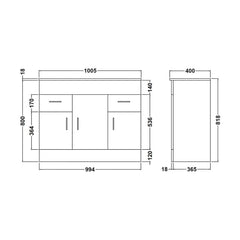 [BFORW1000M] Charnes Contemporary Minimalist Floor Standing Vanity Basin Unit, Gloss White, Choice of Size and Basin Option - Technical Drawing