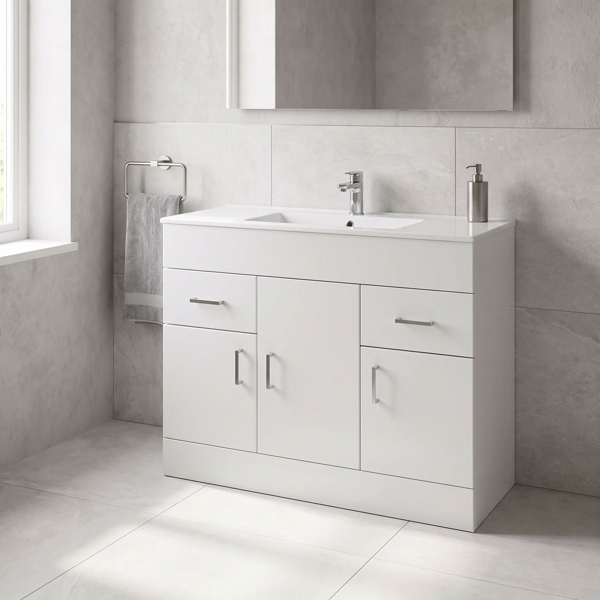 [BFORW1000M] Charnes Contemporary Minimalist Floor Standing Vanity Basin Unit, Gloss White, Choice of Size and Basin Option