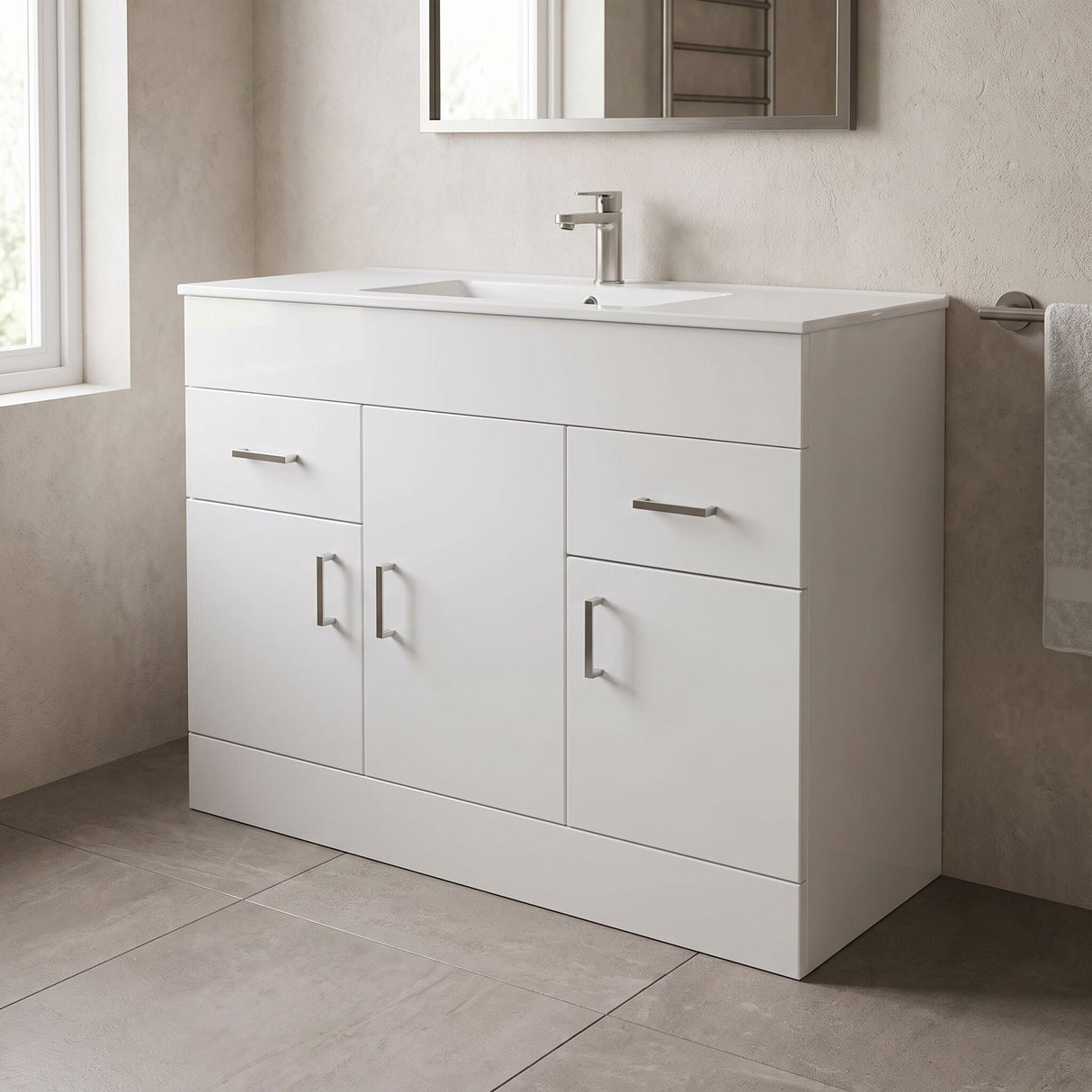 [BFORW1000M] Charnes Contemporary Minimalist Floor Standing Vanity Basin Unit, Gloss White, Choice of Size and Basin Option