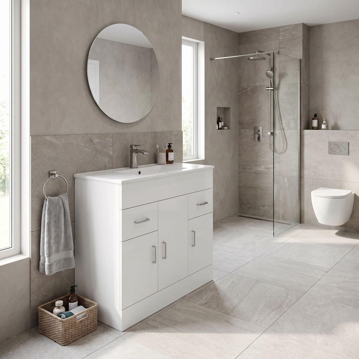 [BFORW1000M] Charnes Contemporary Minimalist Floor Standing Vanity Basin Unit, Gloss White, Choice of Size and Basin Option