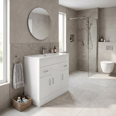 [BFORW1000M] Charnes Contemporary Minimalist Floor Standing Vanity Basin Unit, Gloss White, Choice of Size and Basin Option