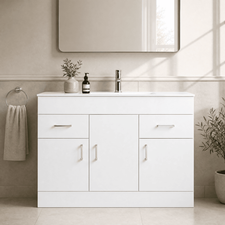 [BFORW1000M] Charnes Contemporary Minimalist Floor Standing Vanity Basin Unit, Gloss White, Choice of Size and Basin Option - Silo