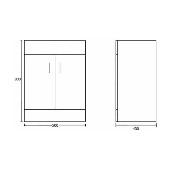 [BFORW500E] Charnes Contemporary Minimalist Floor Standing Vanity Basin Unit, Gloss White, Choice of Size and Basin Option - Technical Drawing
