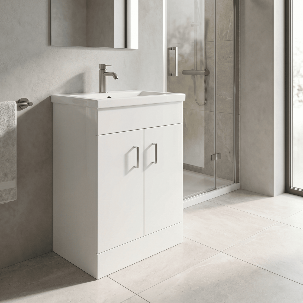 [BFORW500E] Charnes Contemporary Minimalist Floor Standing Vanity Basin Unit, Gloss White, Choice of Size and Basin Option