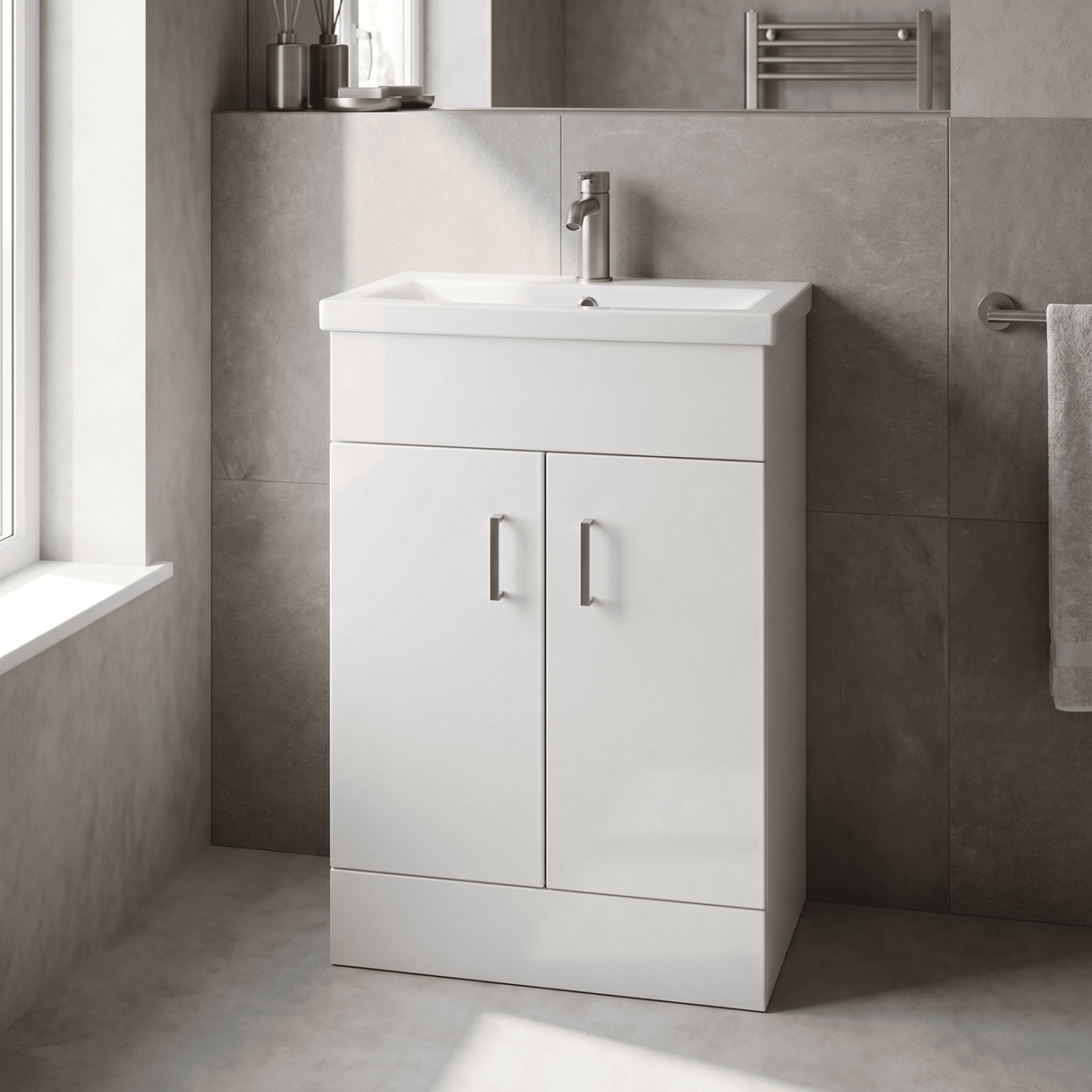 [BFORW500E] Charnes Contemporary Minimalist Floor Standing Vanity Basin Unit, Gloss White, Choice of Size and Basin Option