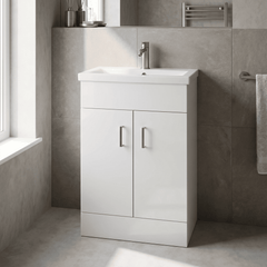 [BFORW500E] Charnes Contemporary Minimalist Floor Standing Vanity Basin Unit, Gloss White, Choice of Size and Basin Option