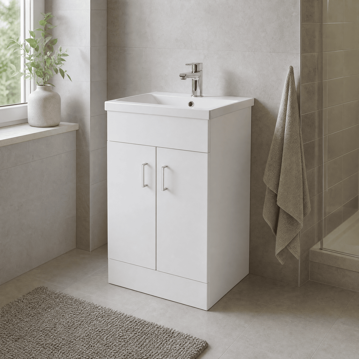 [BFORW500E] Charnes Contemporary Minimalist Floor Standing Vanity Basin Unit, Gloss White, Choice of Size and Basin Option