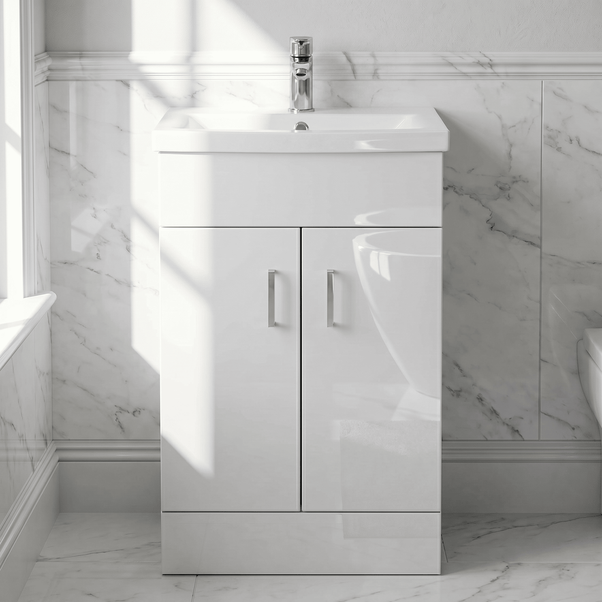 [BFORW500E] Charnes Contemporary Minimalist Floor Standing Vanity Basin Unit, Gloss White, Choice of Size and Basin Option - Silo