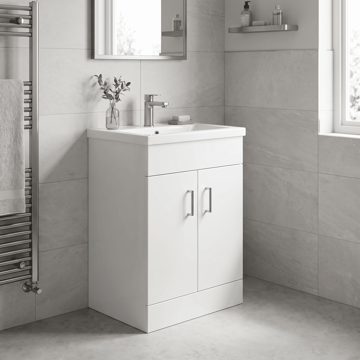 [BFORW500M] Charnes Contemporary Minimalist Floor Standing Vanity Basin Unit, Gloss White, Choice of Size and Basin Option