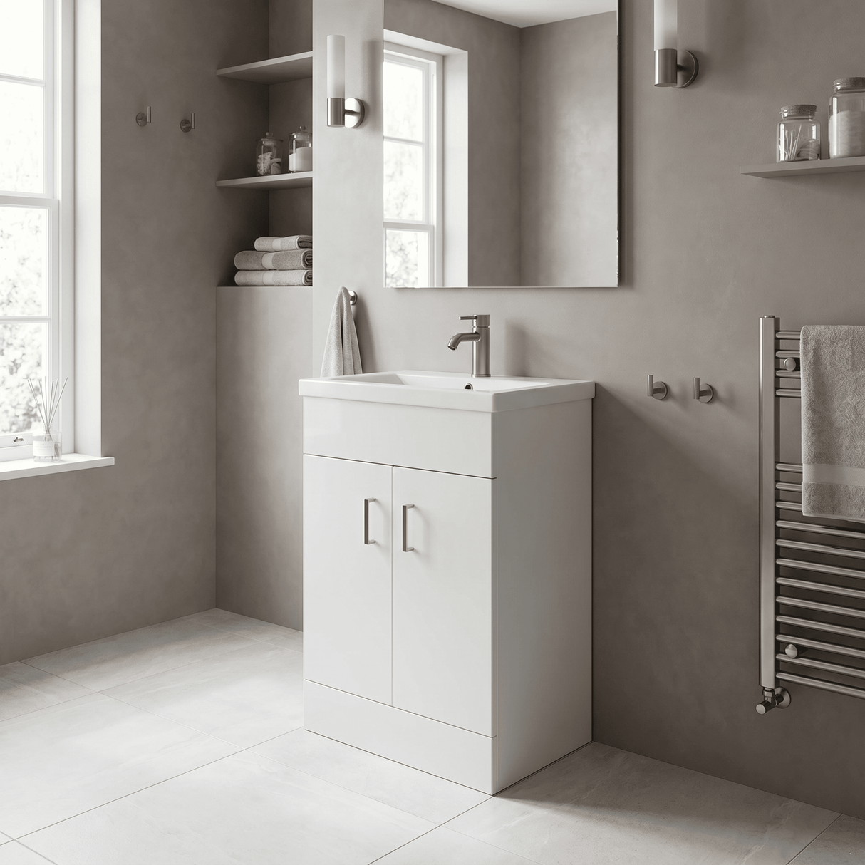 [BFORW500M] Charnes Contemporary Minimalist Floor Standing Vanity Basin Unit, Gloss White, Choice of Size and Basin Option