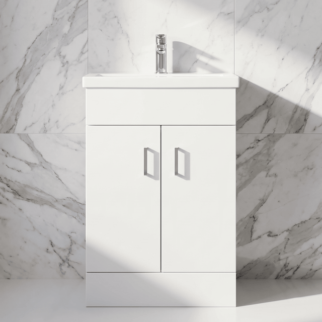 [BFORW500M] Charnes Contemporary Minimalist Floor Standing Vanity Basin Unit, Gloss White, Choice of Size and Basin Option - Silo
