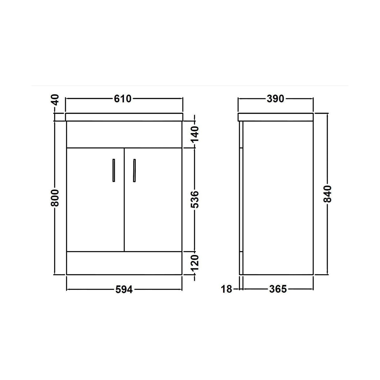 [BFORW600E] Charnes Contemporary Minimalist Floor Standing Vanity Basin Unit, Gloss White, Choice of Size and Basin Option - Technical Drawing