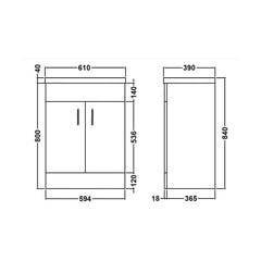 [BFORW600E] Charnes Contemporary Minimalist Floor Standing Vanity Basin Unit, Gloss White, Choice of Size and Basin Option - Technical Drawing
