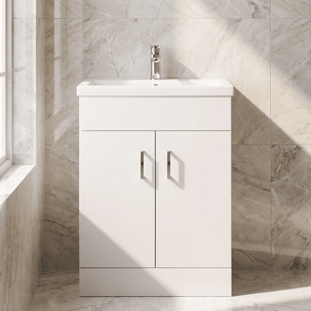 [BFORW600E] Charnes Contemporary Minimalist Floor Standing Vanity Basin Unit, Gloss White, Choice of Size and Basin Option - Silo