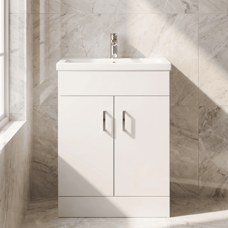 [BFORW600E] Charnes Contemporary Minimalist Floor Standing Vanity Basin Unit, Gloss White, Choice of Size and Basin Option - Silo