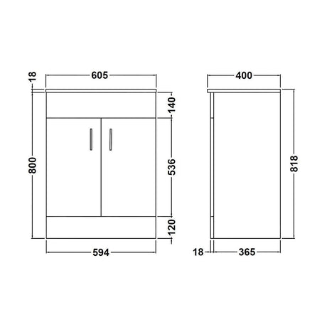 [BFORW600M] Balterley 600mm 2 Door Gloss White Floor Standing Cabinet With Basin - Technical Drawing