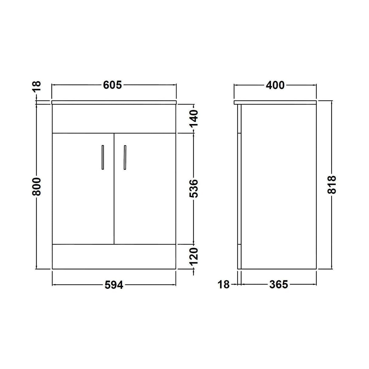 [BFORW600M] Charnes Contemporary Minimalist Floor Standing Vanity Basin Unit, Gloss White, Choice of Size and Basin Option - Technical Drawing