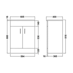 [BFORW600M] Charnes Contemporary Minimalist Floor Standing Vanity Basin Unit, Gloss White, Choice of Size and Basin Option - Technical Drawing