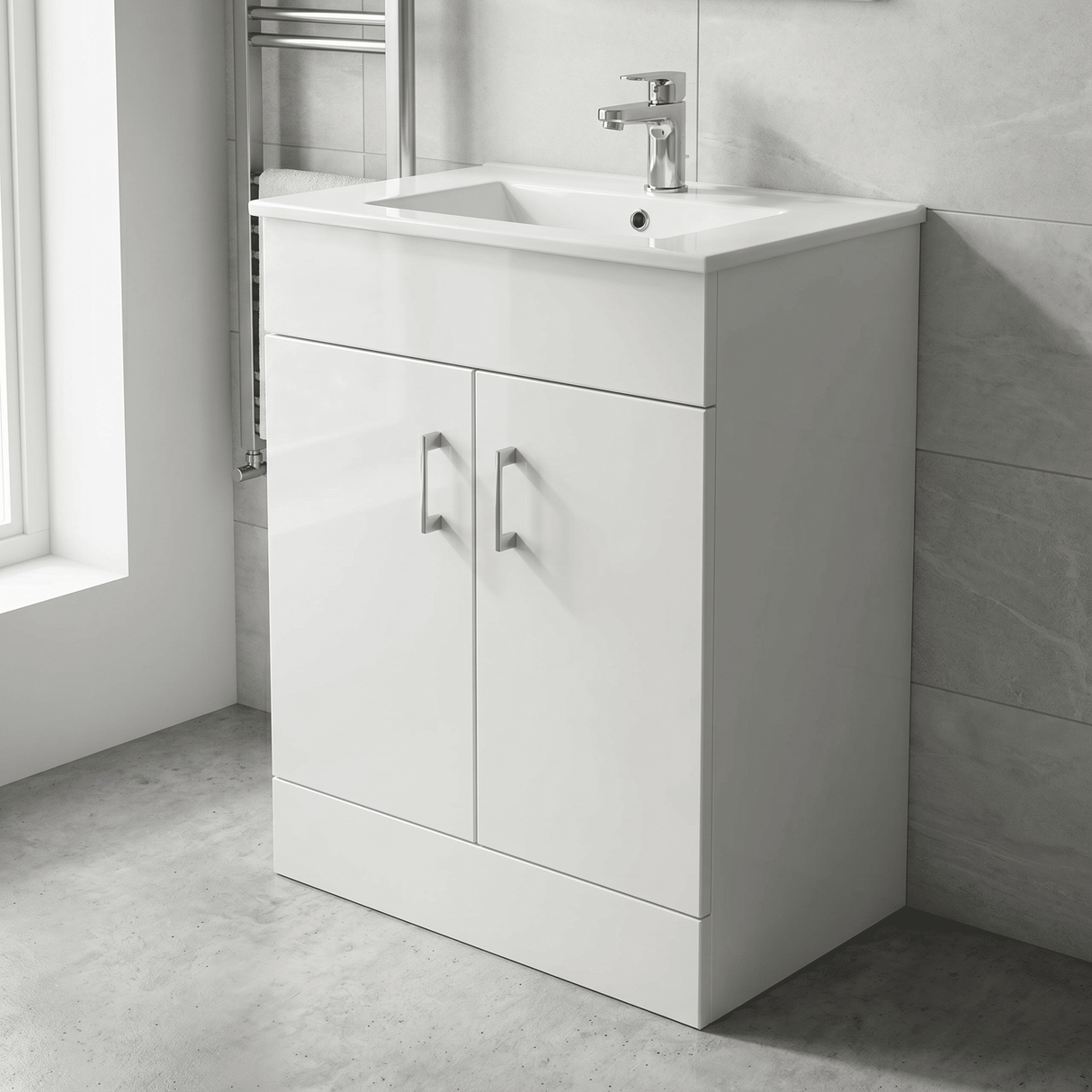 [BFORW600M] Charnes Contemporary Minimalist Floor Standing Vanity Basin Unit, Gloss White, Choice of Size and Basin Option