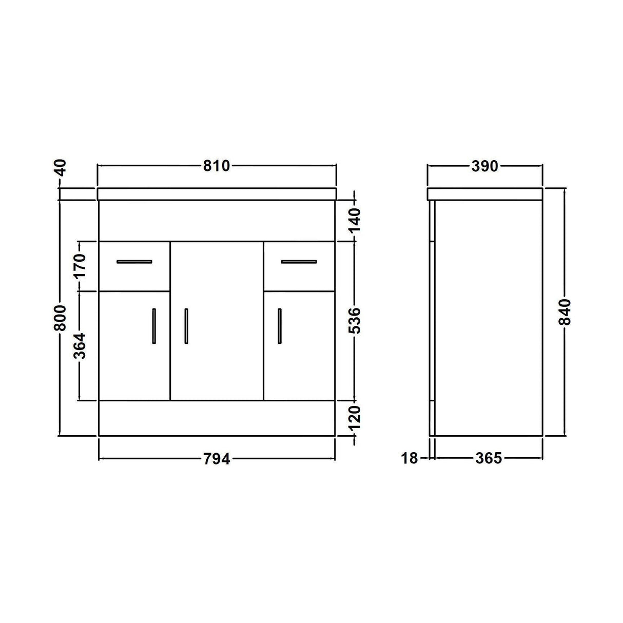 [BFORW800E] Charnes Contemporary Minimalist Floor Standing Vanity Basin Unit, Gloss White, Choice of Size and Basin Option - Technical Drawing