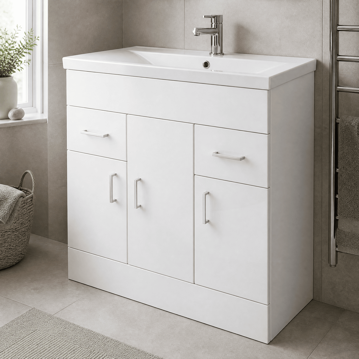 [BFORW800E] Charnes Contemporary Minimalist Floor Standing Vanity Basin Unit, Gloss White, Choice of Size and Basin Option